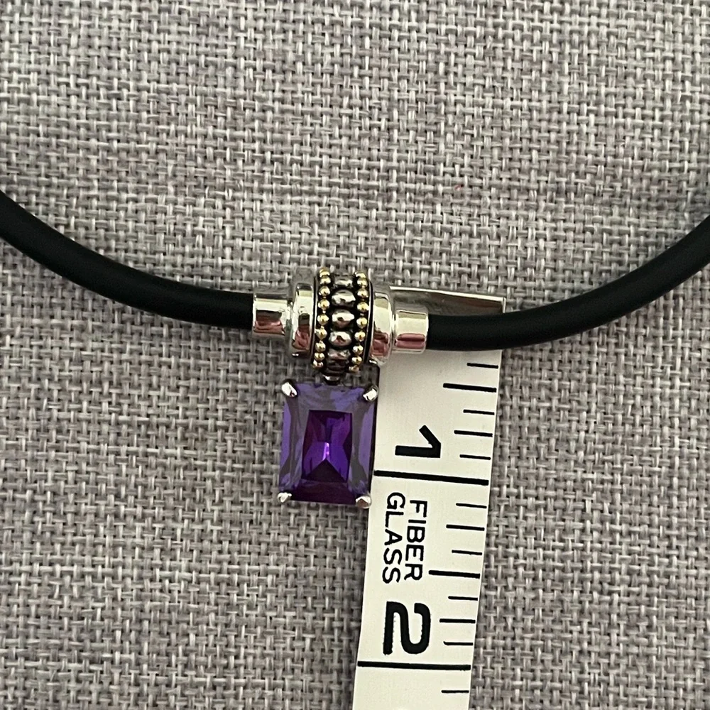 Black Choker Necklace Purple Crystal & Silver Tone Pendant